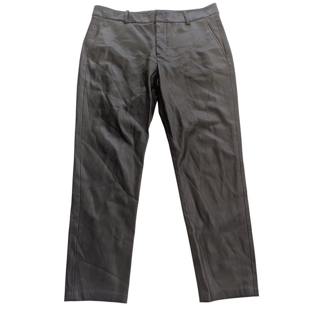 ZARA Black Faux Leather Straight Leg Pants SIZE 10 Mid Rise Trousers Office Moto